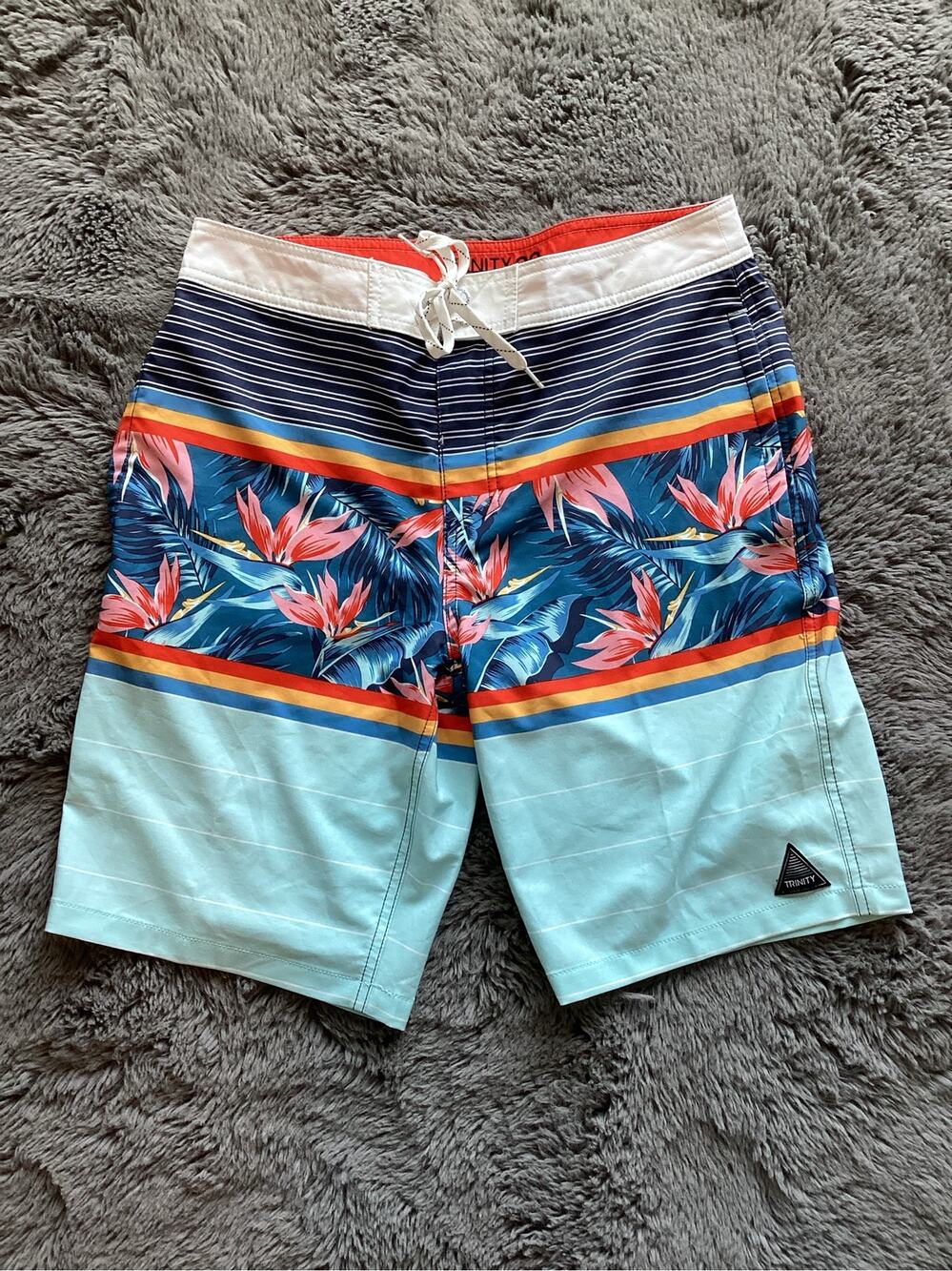 Trinity Collective Mens Striped 10" Peru Board Shorts Surfing Beach Blue Size 32